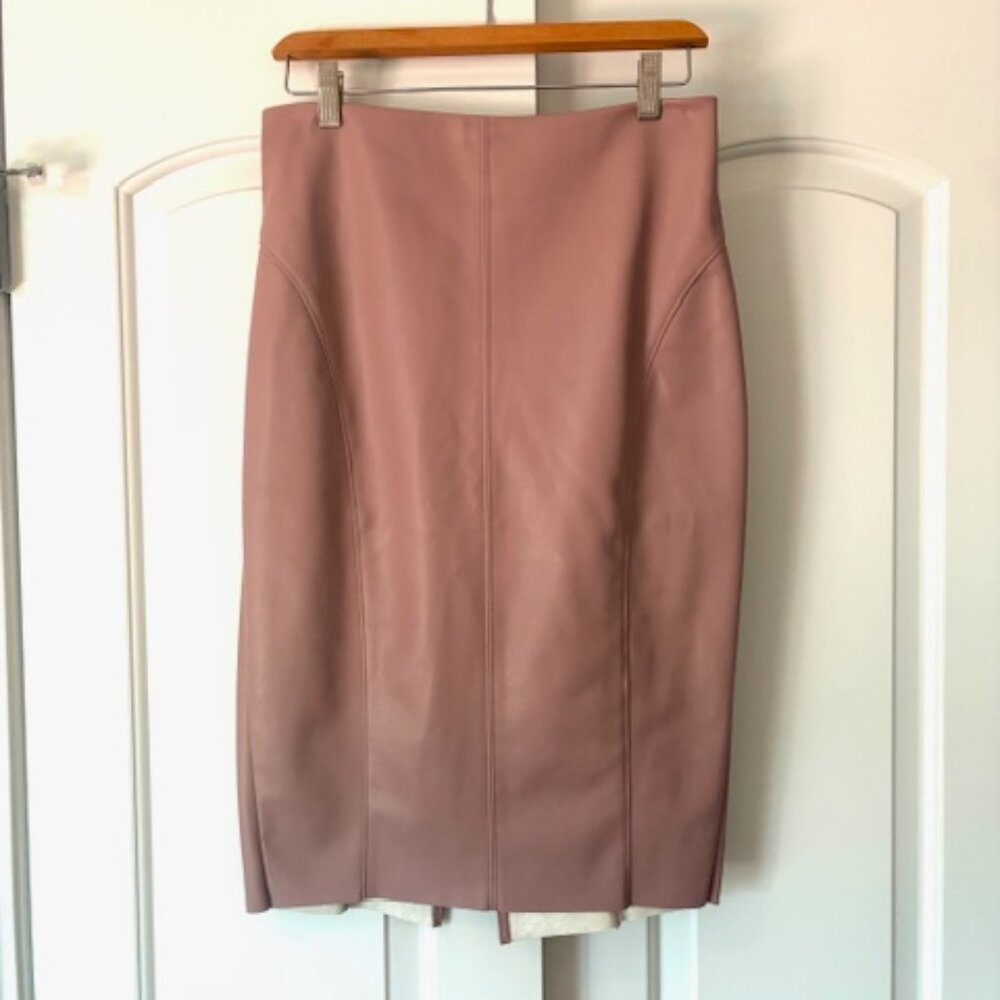 Express Faux Leather High Waisted Dusky Pink Fitted Pencil Skirt with Back Slit